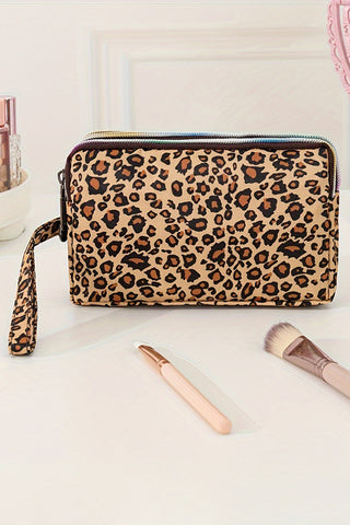 Brown Leopard Print PU Leather Wristlet Zipper Makeup Bag, Dear-Lover Dropshipping - A Blissfully Beautiful Boutique