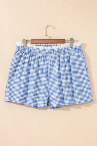 Sky Blue Contrast Trim Plaid Print Plus Size Shorts, Dear-Lover Dropshipping - A Blissfully Beautiful Boutique
