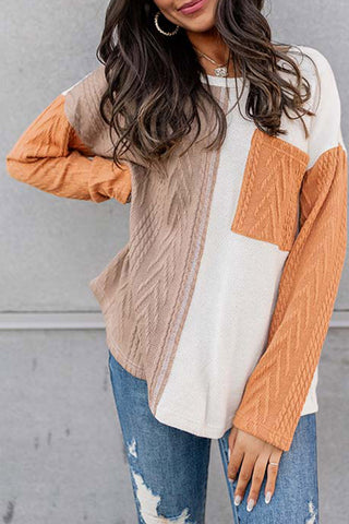 Orange Long Sleeve Colorblock Chest Pocket Textured Knit Top