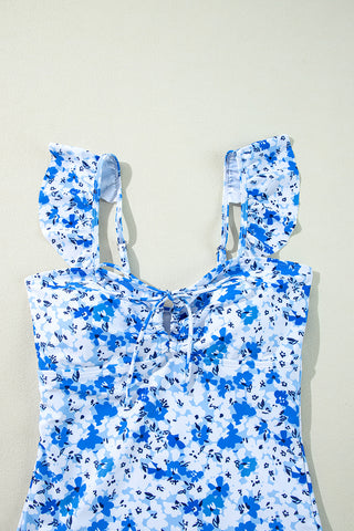 Blue Floral Ruffled Strap Lace-up Hollow Out One Piece Swimsuit