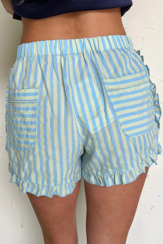 Sky Blue Stripe Elastic Waist Ruffle Trim Casual Shorts, Dear-Lover Dropshipping - A Blissfully Beautiful Boutique