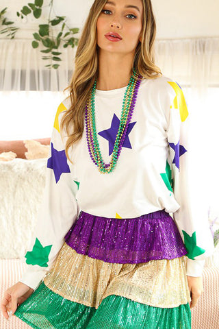 White Mardi Gras Star Printed Long Sleeve Top, Dear-Lover Dropshipping - A Blissfully Beautiful Boutique