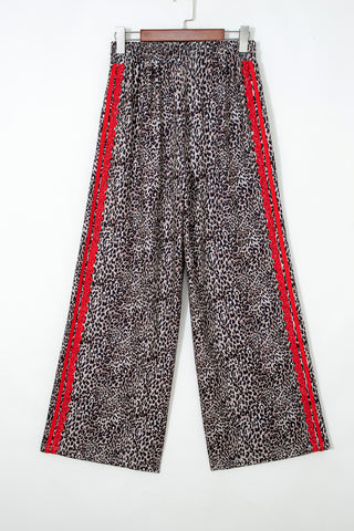 Brown Wild Leopard Print Contrast Lace Striped Detail Drawstring Pants, Dear-Lover Dropshipping - A Blissfully Beautiful Boutique