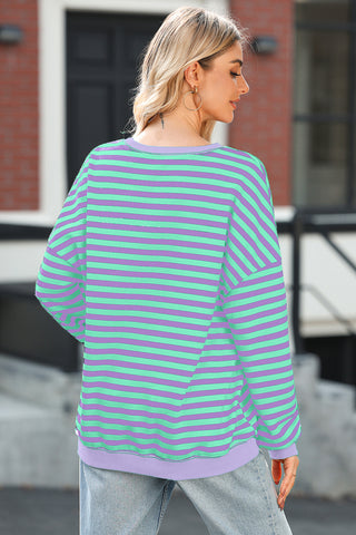 Blue Stripe Contrast Ribbed Trim Crossed Stitch Drop Shoulder Sweatshirt