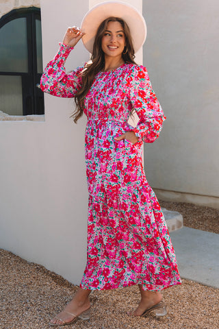 Sky Blue Floral Print Smocked Lantern Sleeve Tiered Maxi Dress