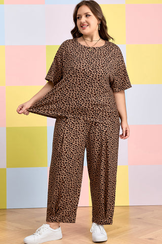 Brown Plus Size Leopard Loose Top Pleated Pants Set, Dear-Lover Dropshipping - A Blissfully Beautiful Boutique