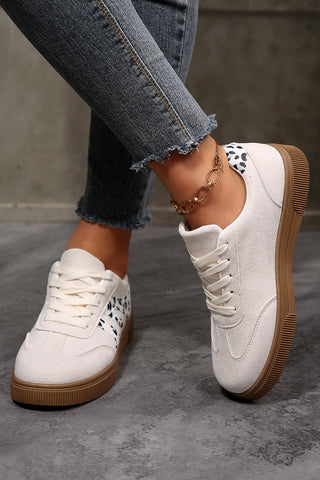 White Suede Leopard Color Block Trim Lace-up Casual Shoes, Dear-Lover Dropshipping - A Blissfully Beautiful Boutique