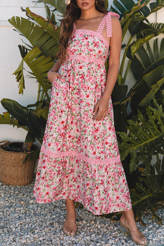 Pink Floral Lace Tied Strap Empire Waist Maxi Dress, A Blissfully Beautiful Boutique - A Blissfully Beautiful Boutique