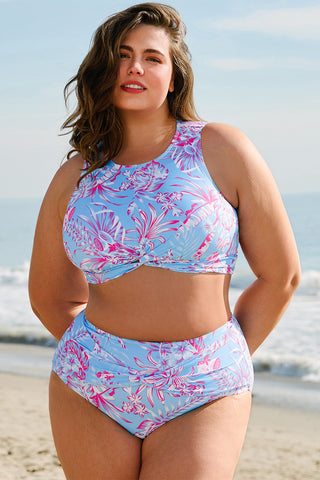 Sky Blue Plus Size Floral Print Twisted High Waist Bikini Set