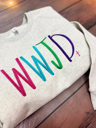 Colorful WWJD Faith Embroidered Shirt, Merch Girls - A Blissfully Beautiful Boutique