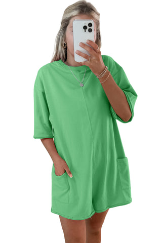 Bright Green Solid Color Raw Edge Half Sleeve Pocketed Loose Romper, Dear-Lover Dropshipping - A Blissfully Beautiful Boutique