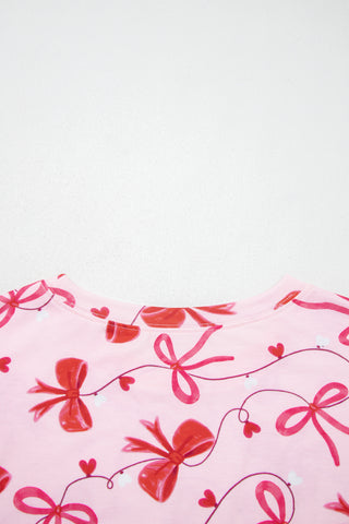 Red Romantic Bow Print Loose Tee Drawstring Shorts 2pcs Lounge Set, Dear-Lover Dropshipping - A Blissfully Beautiful Boutique