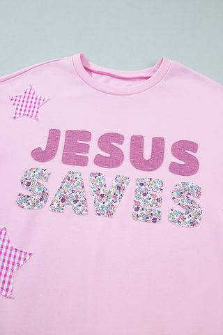 Pink Patchwork Stars Plaid Unique Floral Letters Baggy Sweatshirt