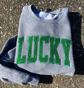 Lucky Varsity Glitter Applique Embroidered Sweatshirt, Merch Girls - A Blissfully Beautiful Boutique