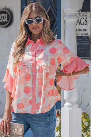 Pink Double Polka Dot Printed Ruffle Trim Short Sleeve Babydoll Shirt, Dear-Lover Dropshipping - A Blissfully Beautiful Boutique