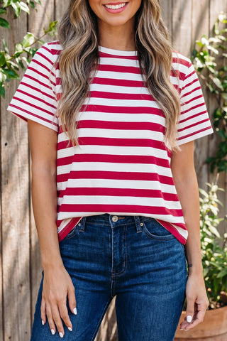 Red Stripe Patchwork Round Neck T Shirt, Dear-Lover Dropshipping - A Blissfully Beautiful Boutique