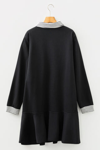 Black Plus Size Striped Cuffs Polo Collar Patchwork Long Sleeve Ruffle Hem Dress, Dear-Lover Dropshipping - A Blissfully Beautiful Boutique
