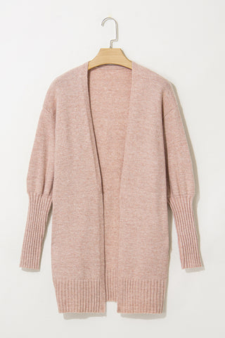 Smoke Gray Ribbed Trim Puff Sleeve Open Cardigan