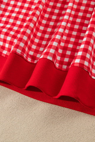 Red Gingham Oversized Ribbed Trim Crew Neck Long Sleeve Top and Skort Set