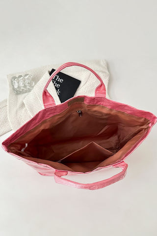 Rose Red Glossy Striped Vinyl Large Tote Bag, Dear-Lover Dropshipping - A Blissfully Beautiful Boutique