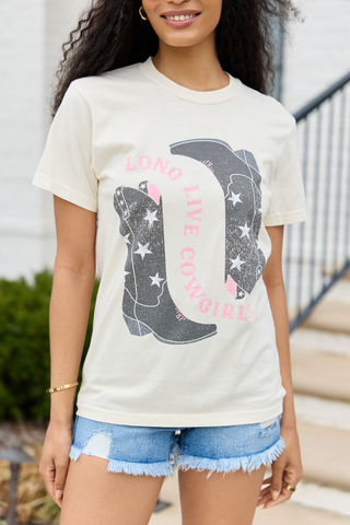 Long Live Cowgirls Star Boots Ivory Graphic Tee, Pink Lily - A Blissfully Beautiful Boutique