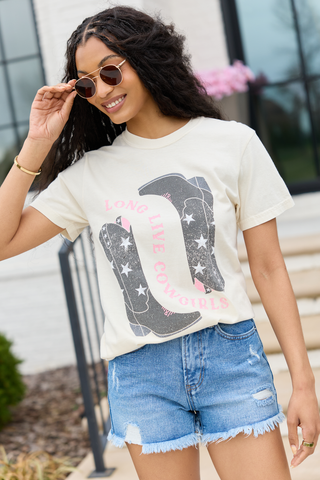 Long Live Cowgirls Star Boots Ivory Graphic Tee, Pink Lily - A Blissfully Beautiful Boutique