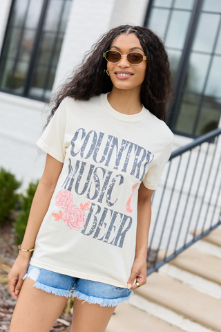 Country Music & Beer Ivory Graphic Tee, Pink Lily - A Blissfully Beautiful Boutique