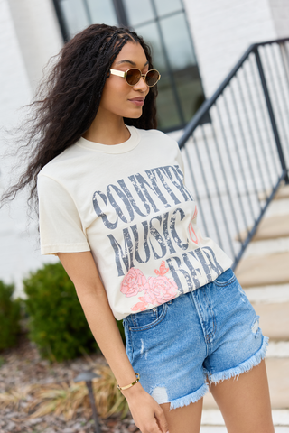 Country Music & Beer Ivory Graphic Tee, Pink Lily - A Blissfully Beautiful Boutique
