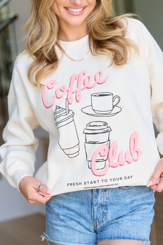 Coffee Club Cream Graphic Sweatshirt, Pink Lily - A Blissfully Beautiful Boutique