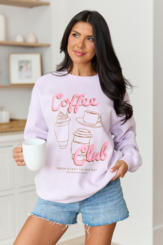 Coffee Club Purple Graphic Sweatshirt, Pink Lily - A Blissfully Beautiful Boutique