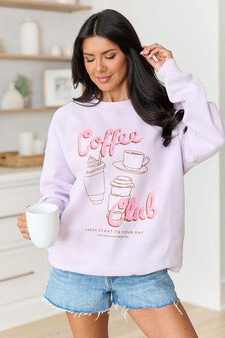 Coffee Club Purple Graphic Sweatshirt, Pink Lily - A Blissfully Beautiful Boutique
