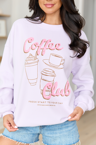 Coffee Club Purple Graphic Sweatshirt, Pink Lily - A Blissfully Beautiful Boutique