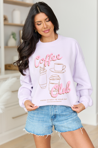 Coffee Club Purple Graphic Sweatshirt, Pink Lily - A Blissfully Beautiful Boutique
