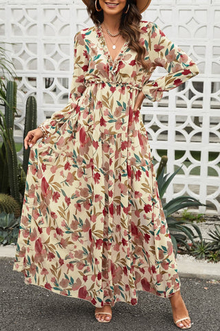 Floral Frill Trim Flounce Sleeve Plunge Maxi Dress, Trendsi - A Blissfully Beautiful Boutique