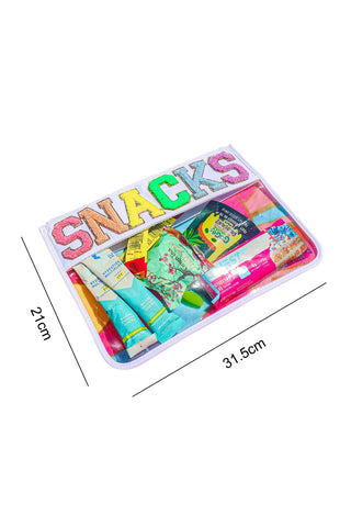 White SNACKS Chenille Letters Zipped Clear Pouch