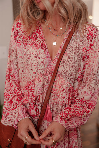 Pink Bohemian Floral Print Tassel Tie Long Sleeve Flowy Mini Dress, Dear-Lover Dropshipping - A Blissfully Beautiful Boutique