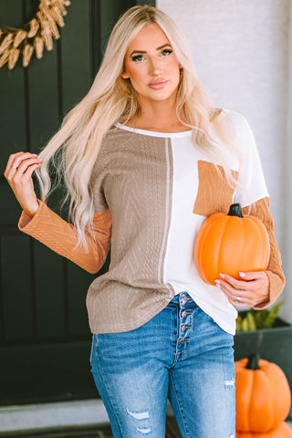 Orange Long Sleeve Colorblock Chest Pocket Textured Knit Top, A Blissfully Beautiful Boutique - A Blissfully Beautiful Boutique