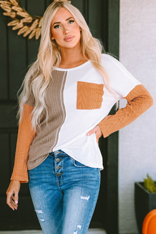 Orange Long Sleeve Colorblock Chest Pocket Textured Knit Top, A Blissfully Beautiful Boutique - A Blissfully Beautiful Boutique
