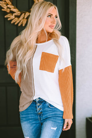Orange Long Sleeve Colorblock Chest Pocket Textured Knit Top, A Blissfully Beautiful Boutique - A Blissfully Beautiful Boutique