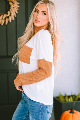 Orange Long Sleeve Colorblock Chest Pocket Textured Knit Top, A Blissfully Beautiful Boutique - A Blissfully Beautiful Boutique