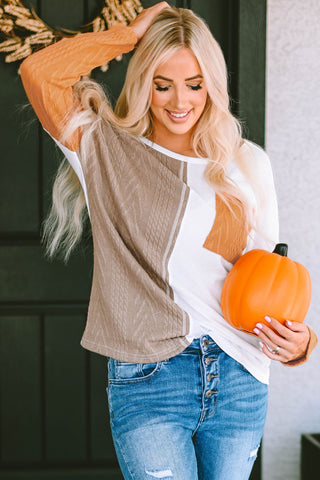 Orange Long Sleeve Colorblock Chest Pocket Textured Knit Top, A Blissfully Beautiful Boutique - A Blissfully Beautiful Boutique