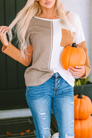 Orange Long Sleeve Colorblock Chest Pocket Textured Knit Top, A Blissfully Beautiful Boutique - A Blissfully Beautiful Boutique
