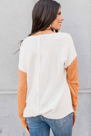 Orange Long Sleeve Colorblock Chest Pocket Textured Knit Top, A Blissfully Beautiful Boutique - A Blissfully Beautiful Boutique
