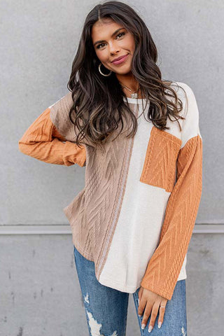 Orange Long Sleeve Colorblock Chest Pocket Textured Knit Top, A Blissfully Beautiful Boutique - A Blissfully Beautiful Boutique