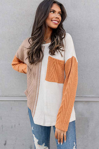 Orange Long Sleeve Colorblock Chest Pocket Textured Knit Top, A Blissfully Beautiful Boutique - A Blissfully Beautiful Boutique