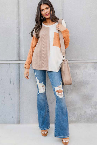 Orange Long Sleeve Colorblock Chest Pocket Textured Knit Top, A Blissfully Beautiful Boutique - A Blissfully Beautiful Boutique