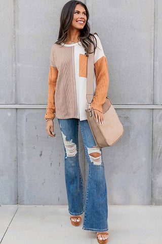 Orange Long Sleeve Colorblock Chest Pocket Textured Knit Top, A Blissfully Beautiful Boutique - A Blissfully Beautiful Boutique