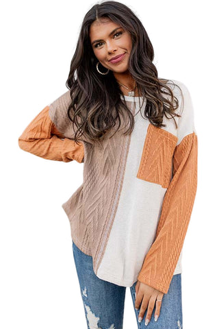 Orange Long Sleeve Colorblock Chest Pocket Textured Knit Top, A Blissfully Beautiful Boutique - A Blissfully Beautiful Boutique