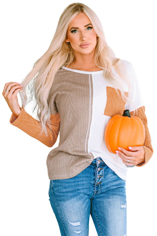 Orange Long Sleeve Colorblock Chest Pocket Textured Knit Top, A Blissfully Beautiful Boutique - A Blissfully Beautiful Boutique
