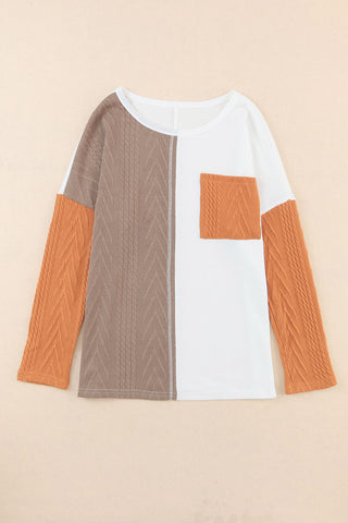 Orange Long Sleeve Colorblock Chest Pocket Textured Knit Top, A Blissfully Beautiful Boutique - A Blissfully Beautiful Boutique